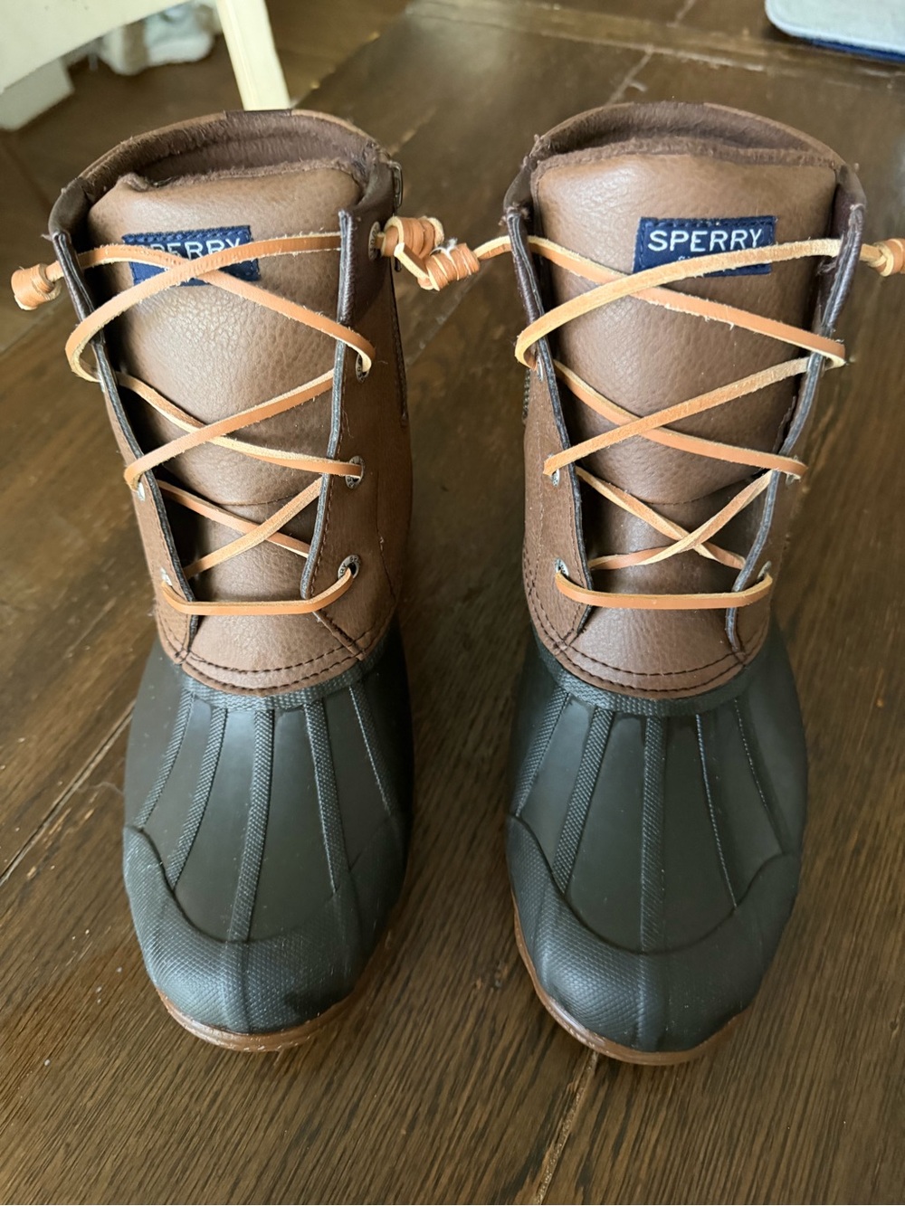 Sperry Brown Leather and Black Rubber Duck Boots with Tan Laces